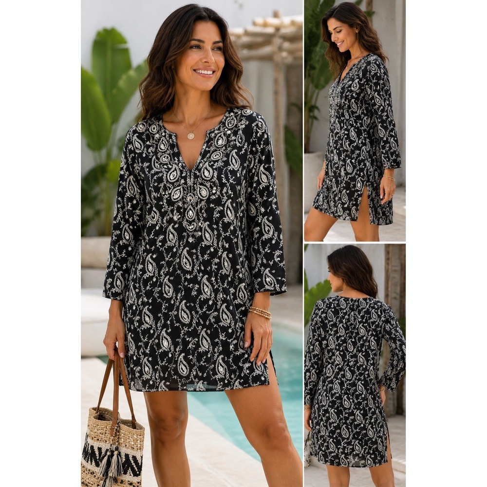 Raj India Tunic Dress Women’s M Black White Paisley Embroidered Cotton